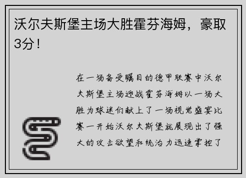 沃尔夫斯堡主场大胜霍芬海姆，豪取3分！
